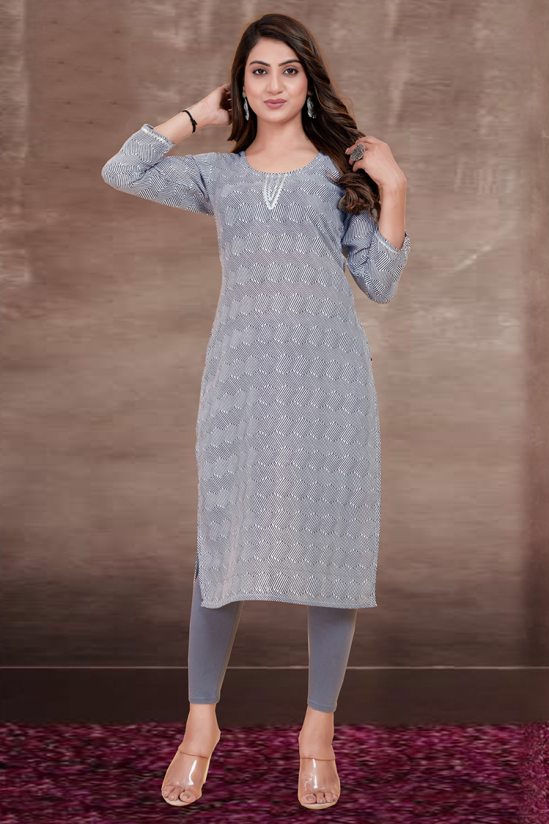 Printed Rayon Light Grey Ready to Wear Straight Cut Kurti