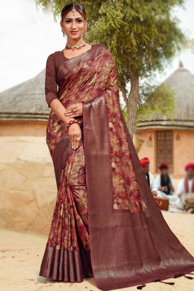 Crystal Kanjivaram Silk Saree Peanut Brown – Sarha