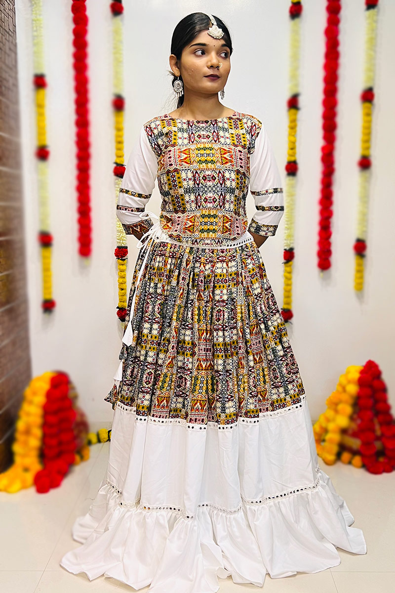 Printed Silk Flared Style White Chaniya Choli