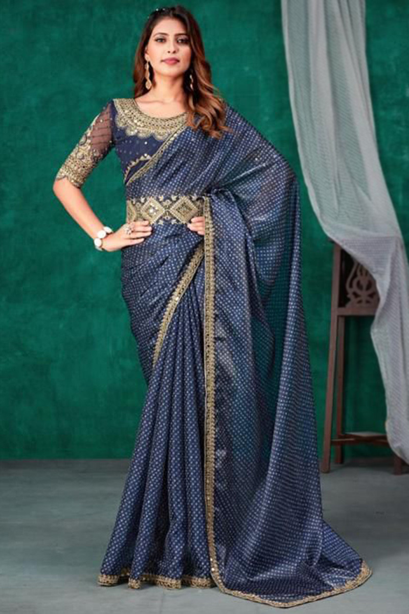 Printed Silk Navy Blue Saree With Embroidered Border