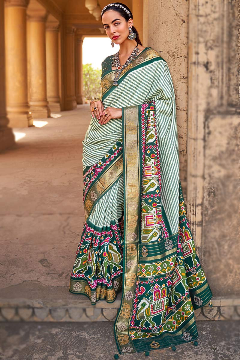 White Moti and Cut Dana Embroidery Foam Green Tissue Saree