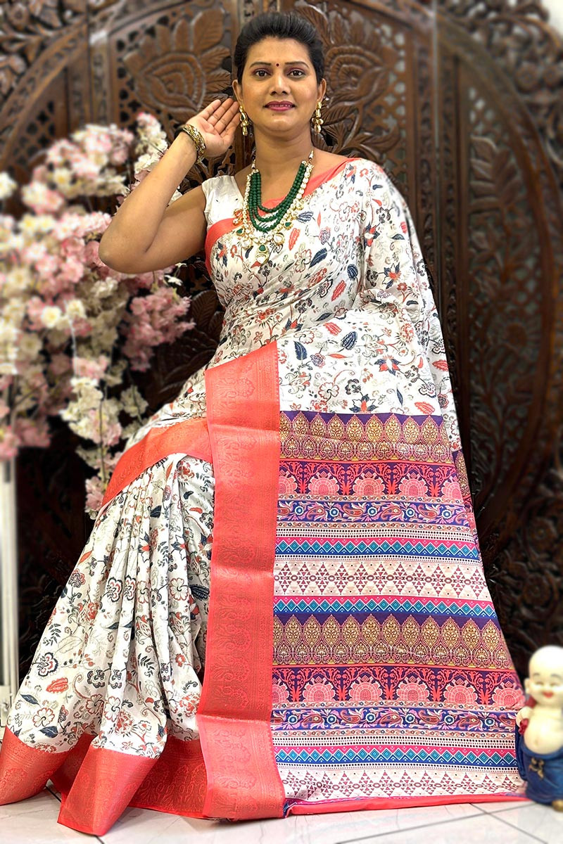 Printed Silk Off White Broad Border Saree SARV178346