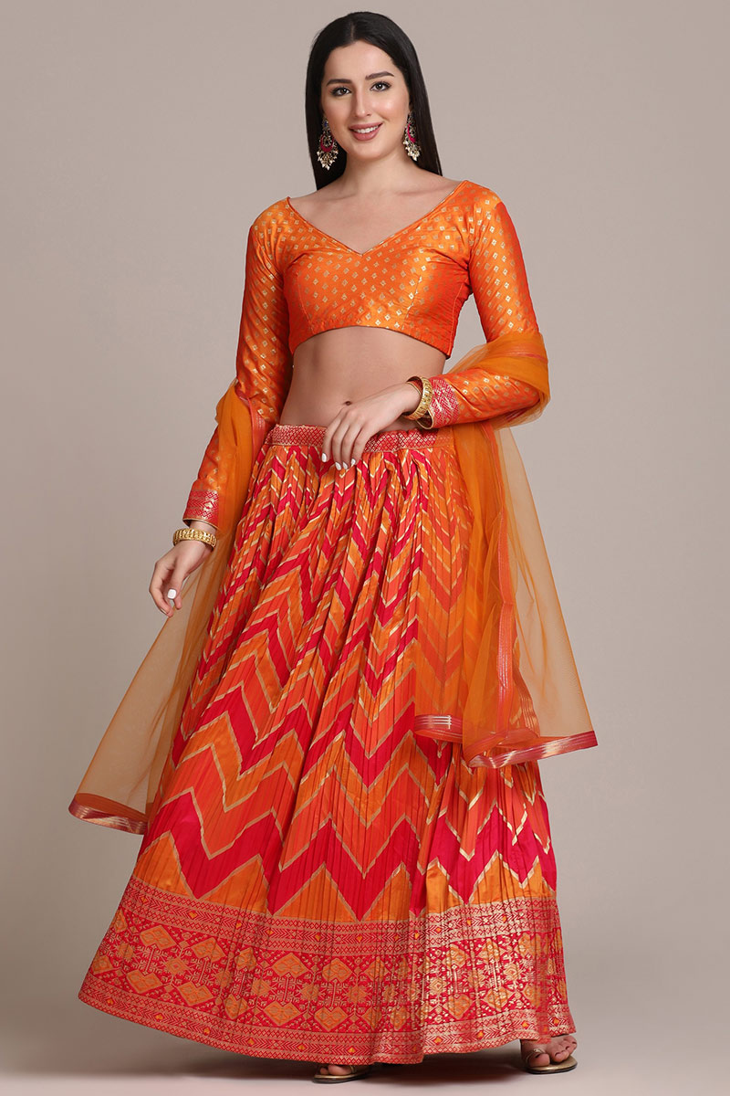 Printed Silk Orange And Red Lehenga