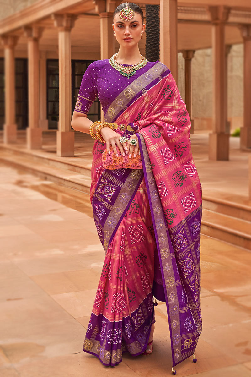 Punch Pink Silk Saree for Party Wear with Weaved Thread Work