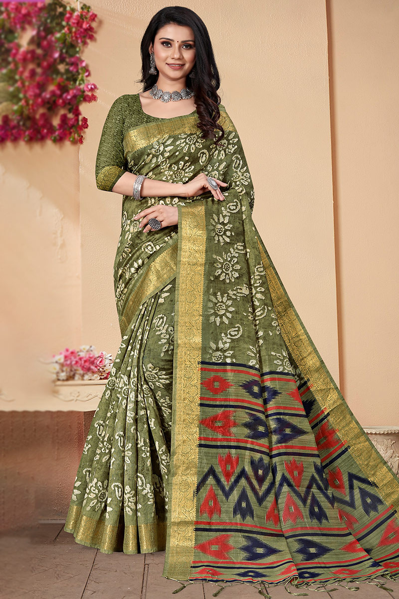 Buy Akhilam Women Cotton Blend Light Green Printed Designer Saree With  Unstitched Blouse Piece online