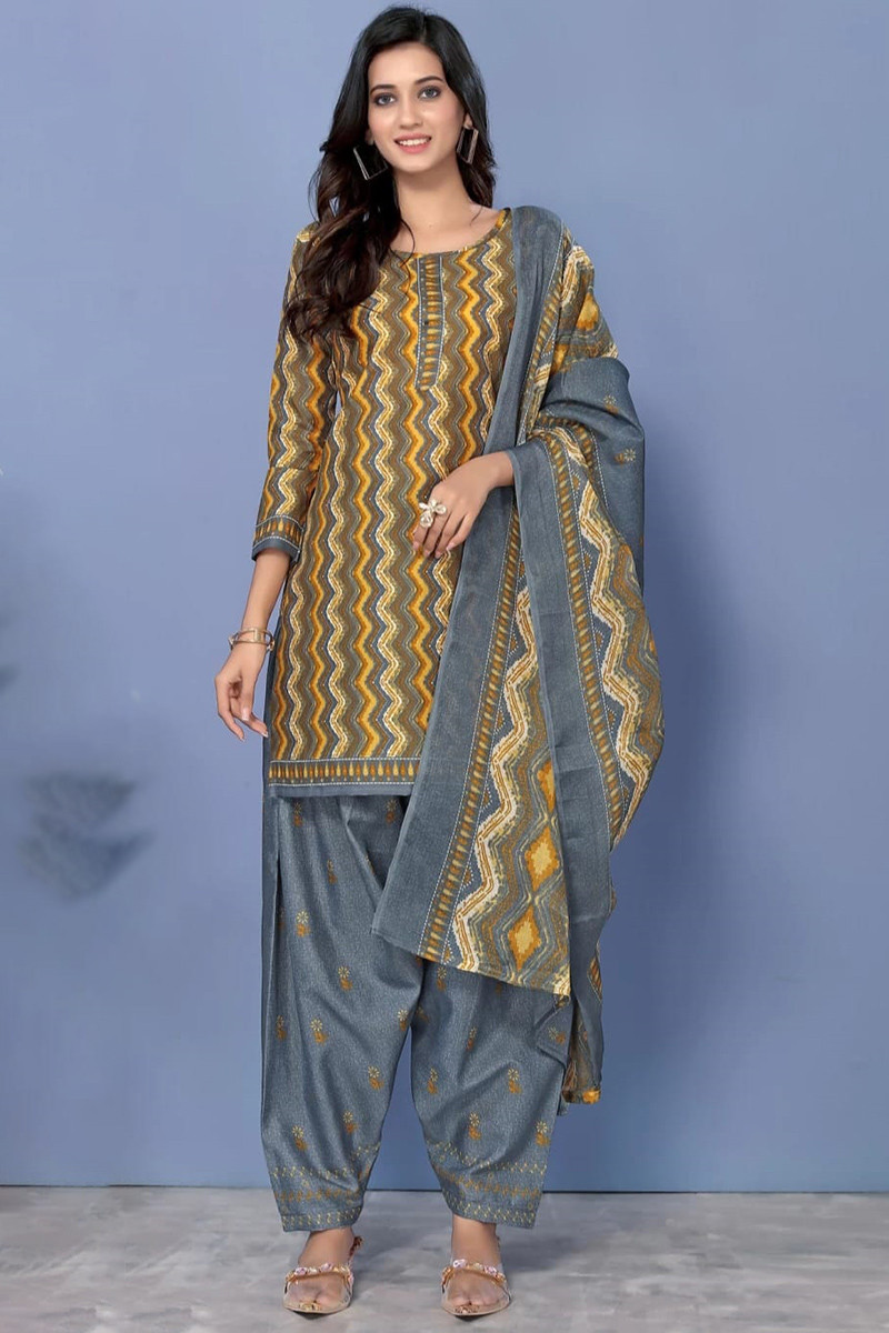 Printed Steel Grey Cotton Salwar Suit