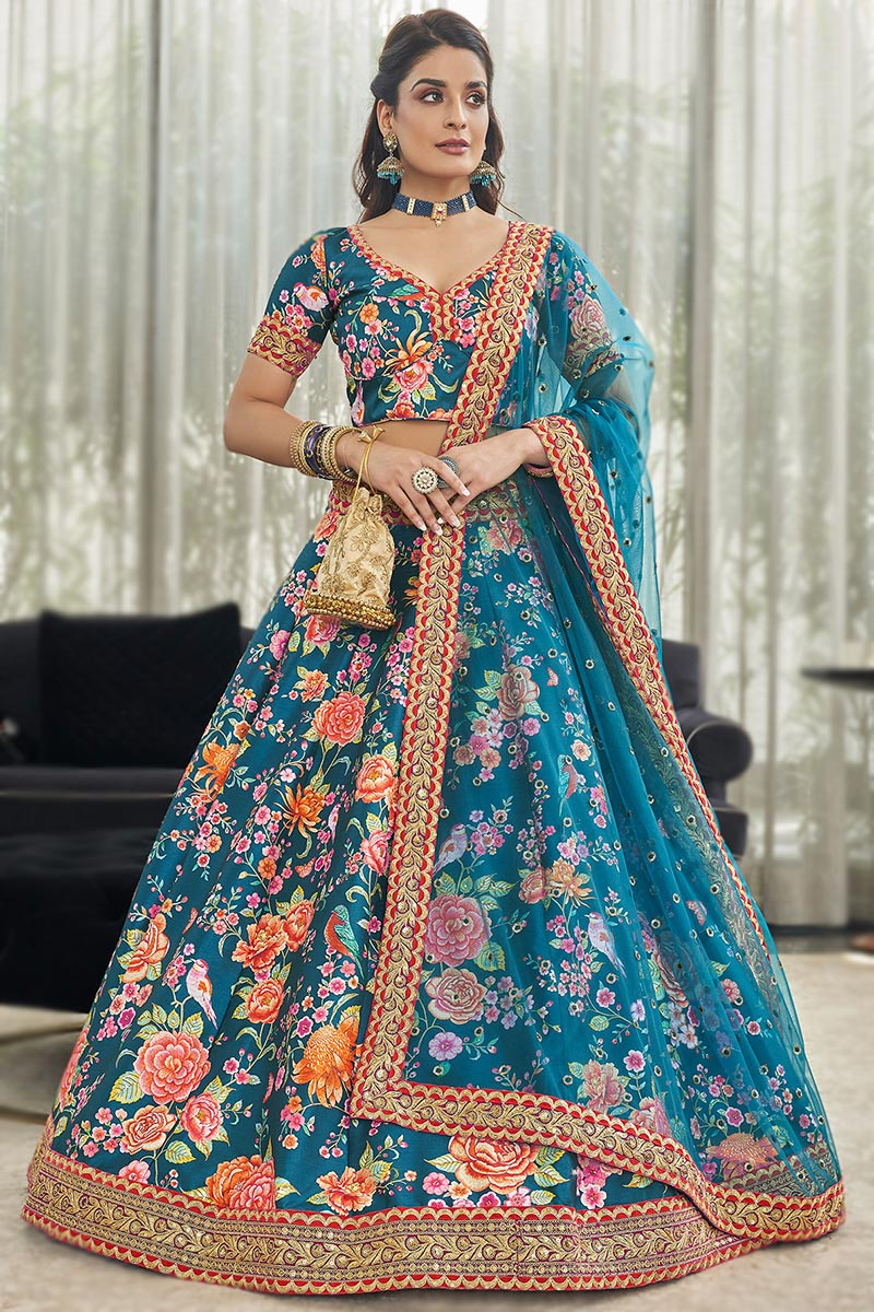 Printed Teal Blue Art Silk Panelled Style Lehenga