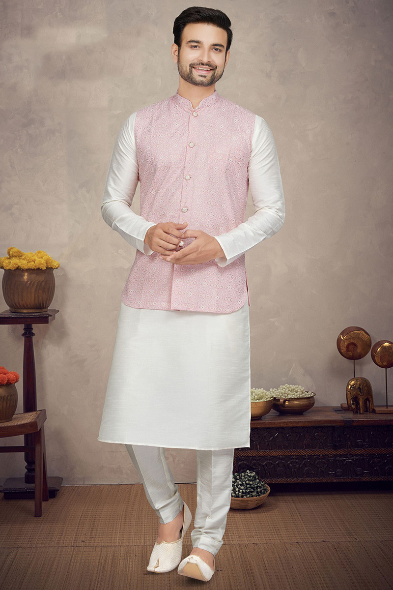 White kurta pajama design with jacket online