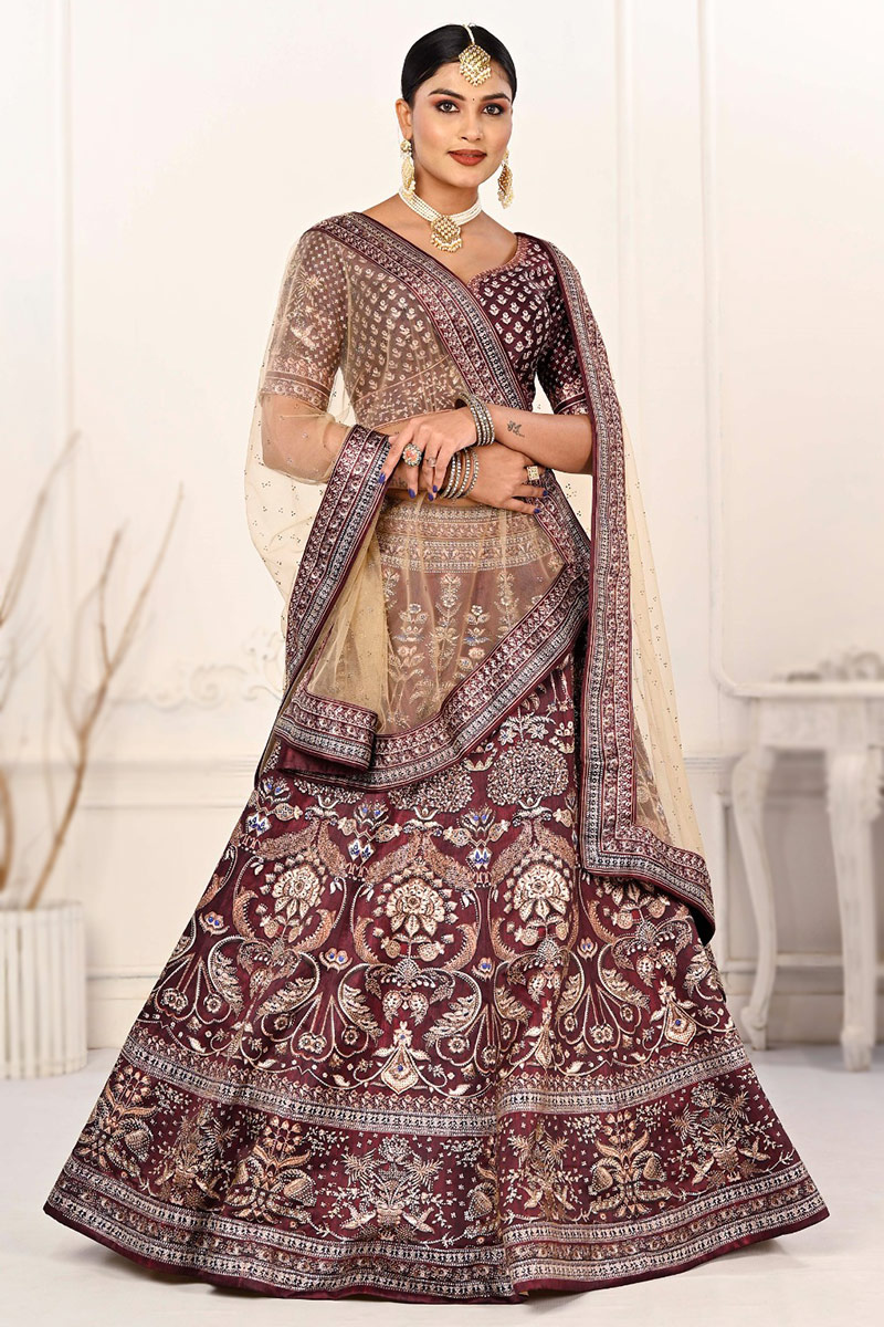 Printed Wine Maroon Satin Panelled Style Lehenga 