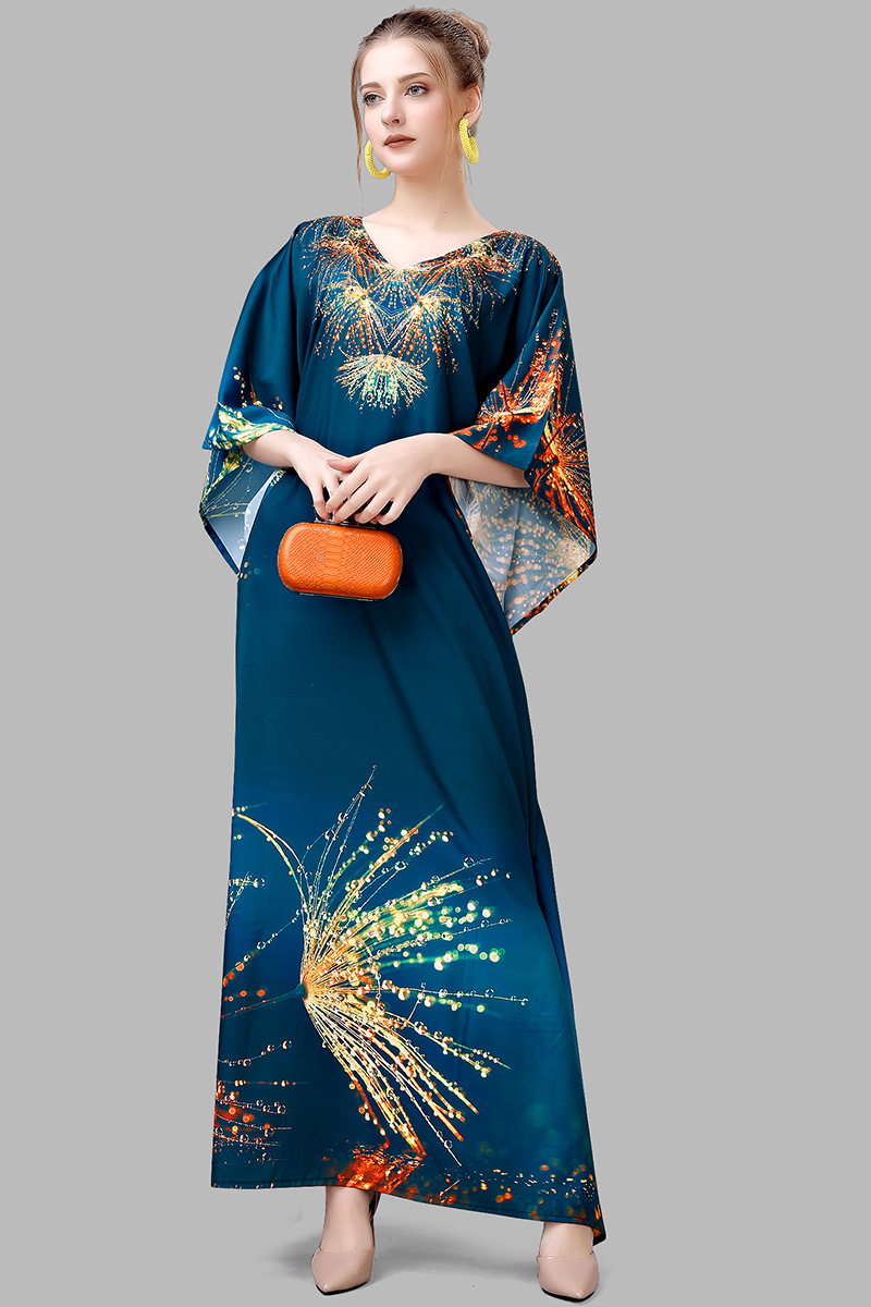 Prussian Blue Crepe Printed Long Kaftan Kurti