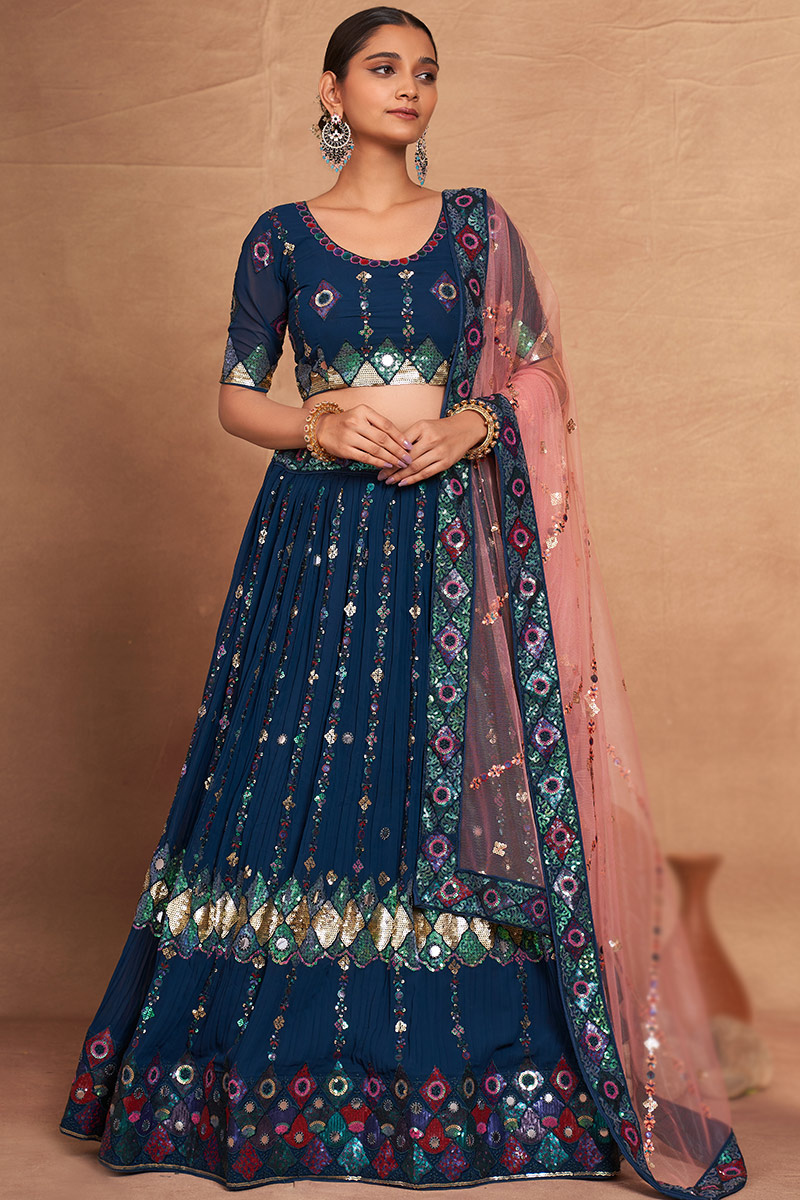 Prussian Blue Georgette Sequins Embroidered Flared Style Lehenga
