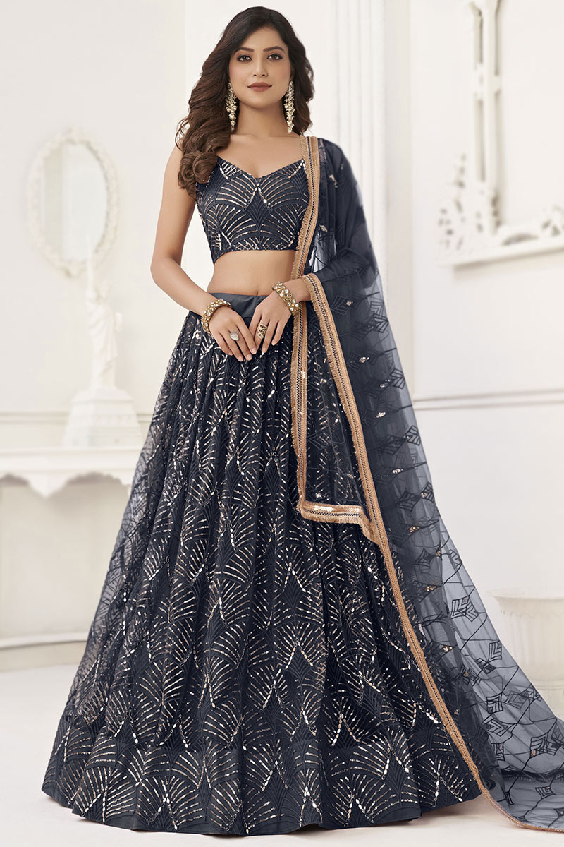 Prussian Blue Mirror Embroidered Net Flared Style Lehenga 