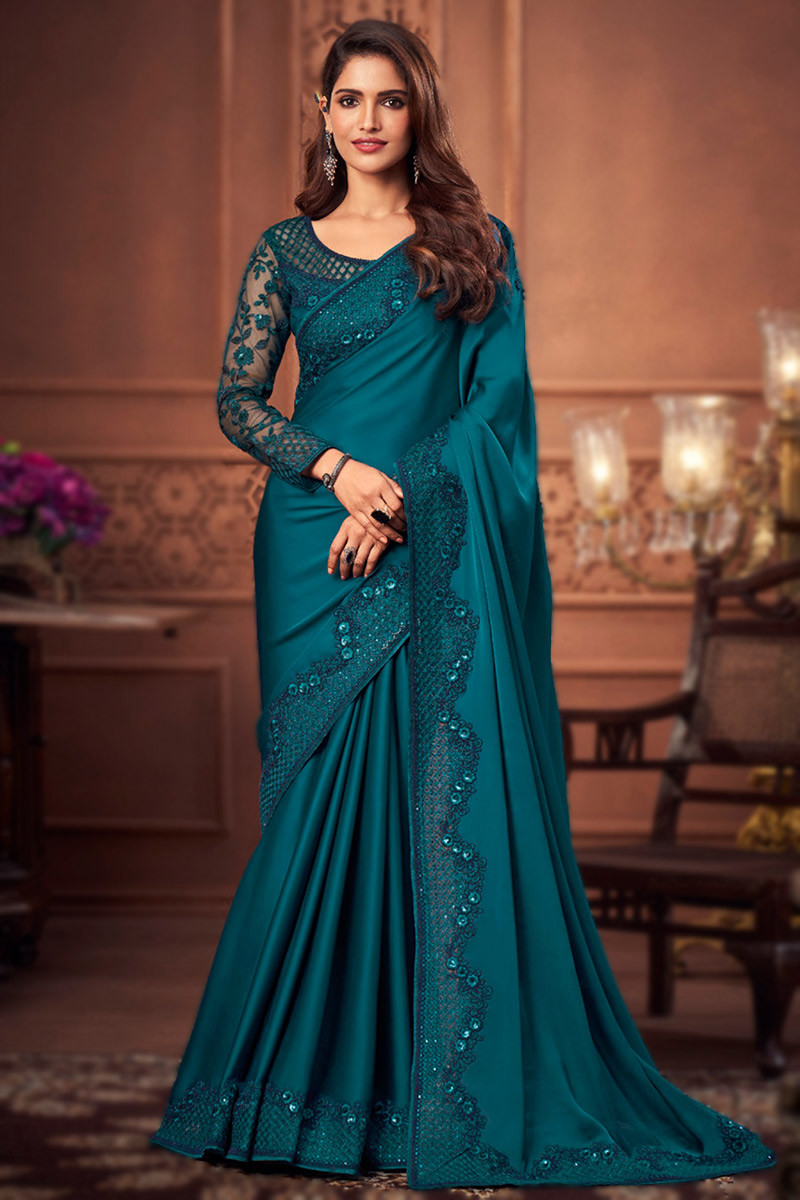 Prussian Blue Soft Silk Wedding Wear Embroidered Saree