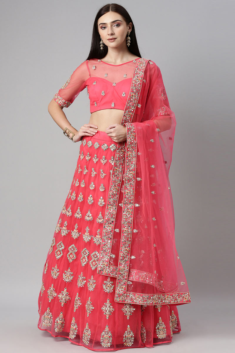 Punch Pink Net Embroidered Lehenga