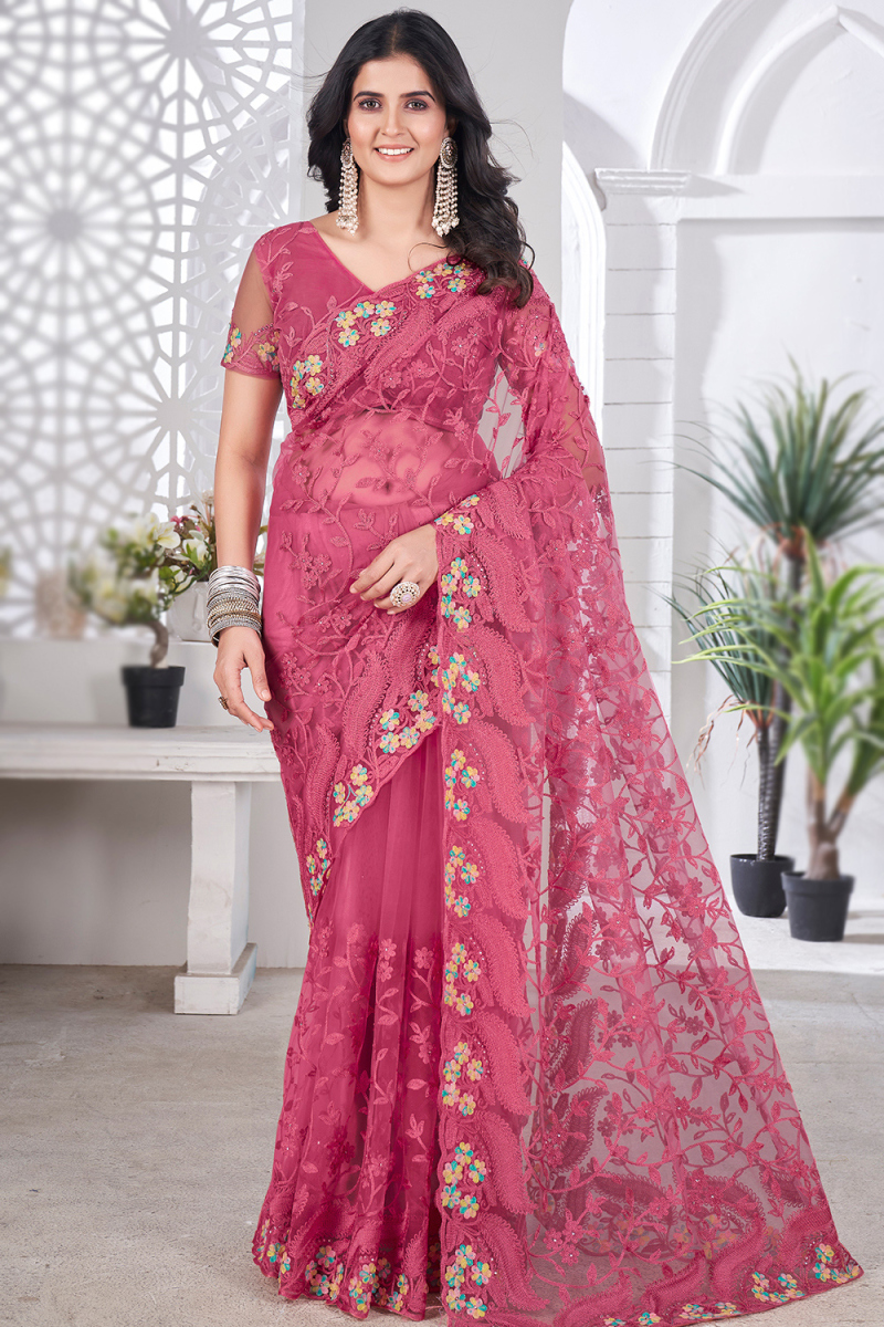 Punch Pink Net Saree with Stone Work for Wedding