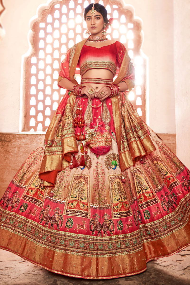 Punch Pink Silk Printed Lehenga