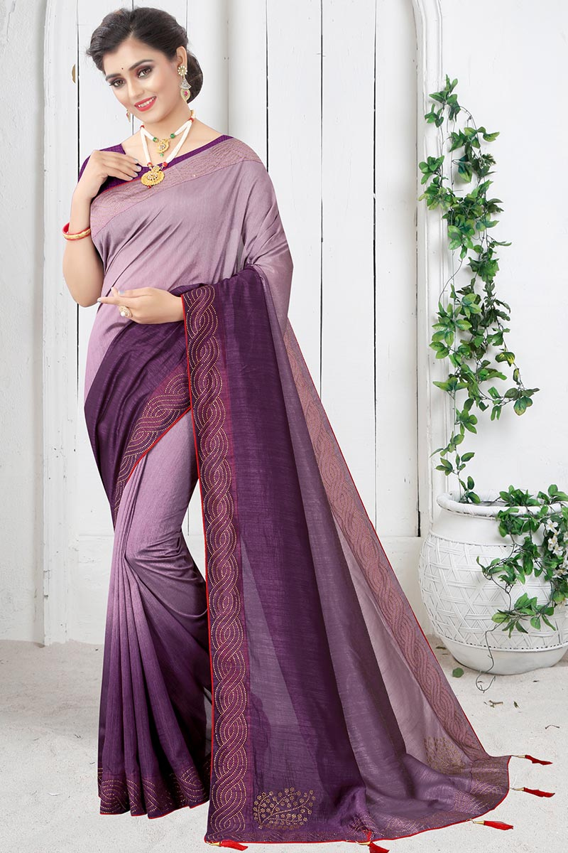 Purple And Mauve Stone Work Art Silk Saree