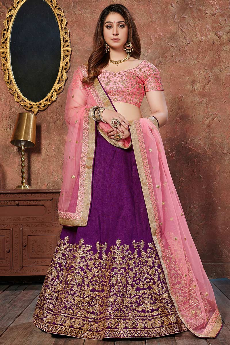 Purple Art Silk Embroidered Lehenga