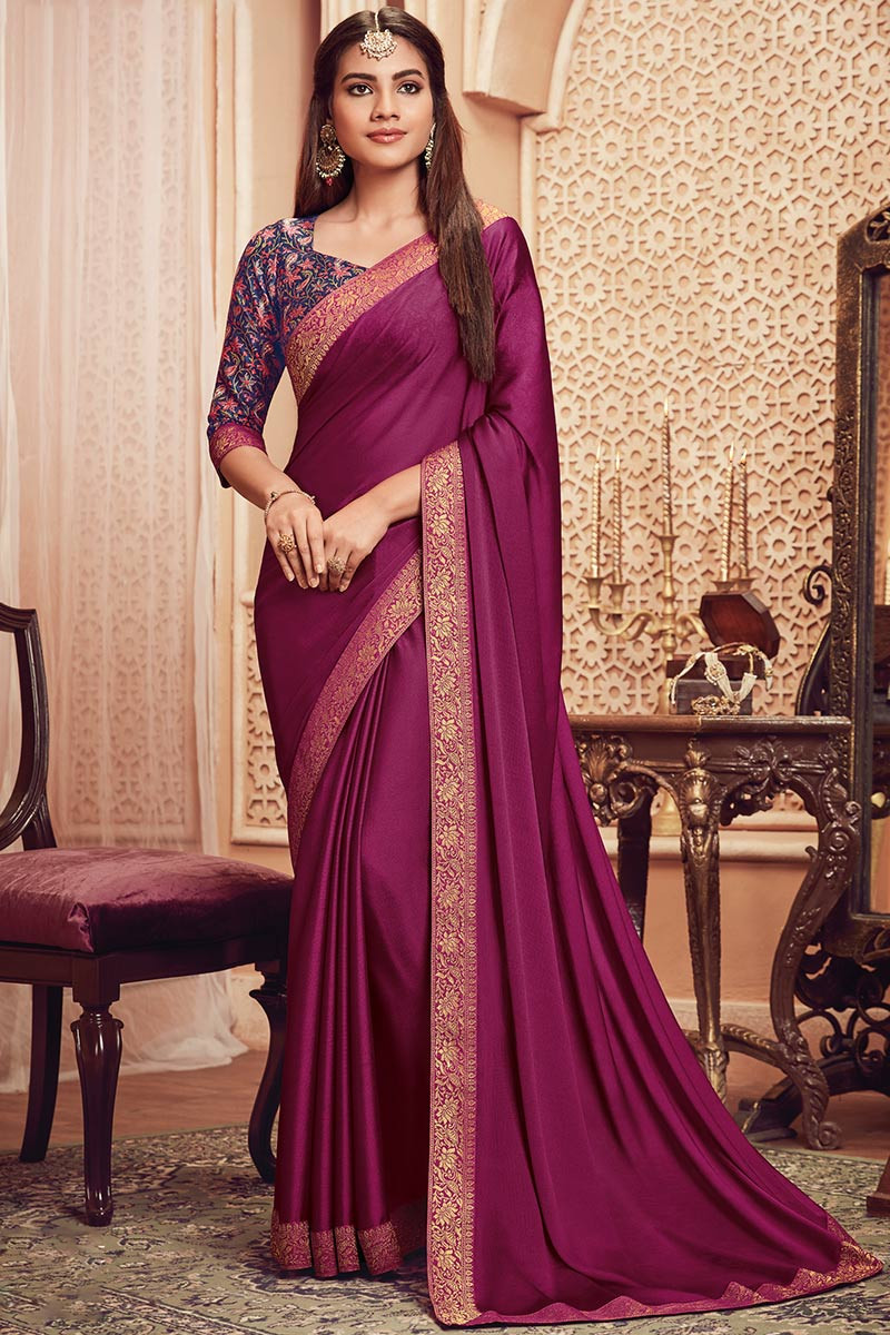 Buy Purple Chiffon Saree With Brocade Blouse Online - SARV04456