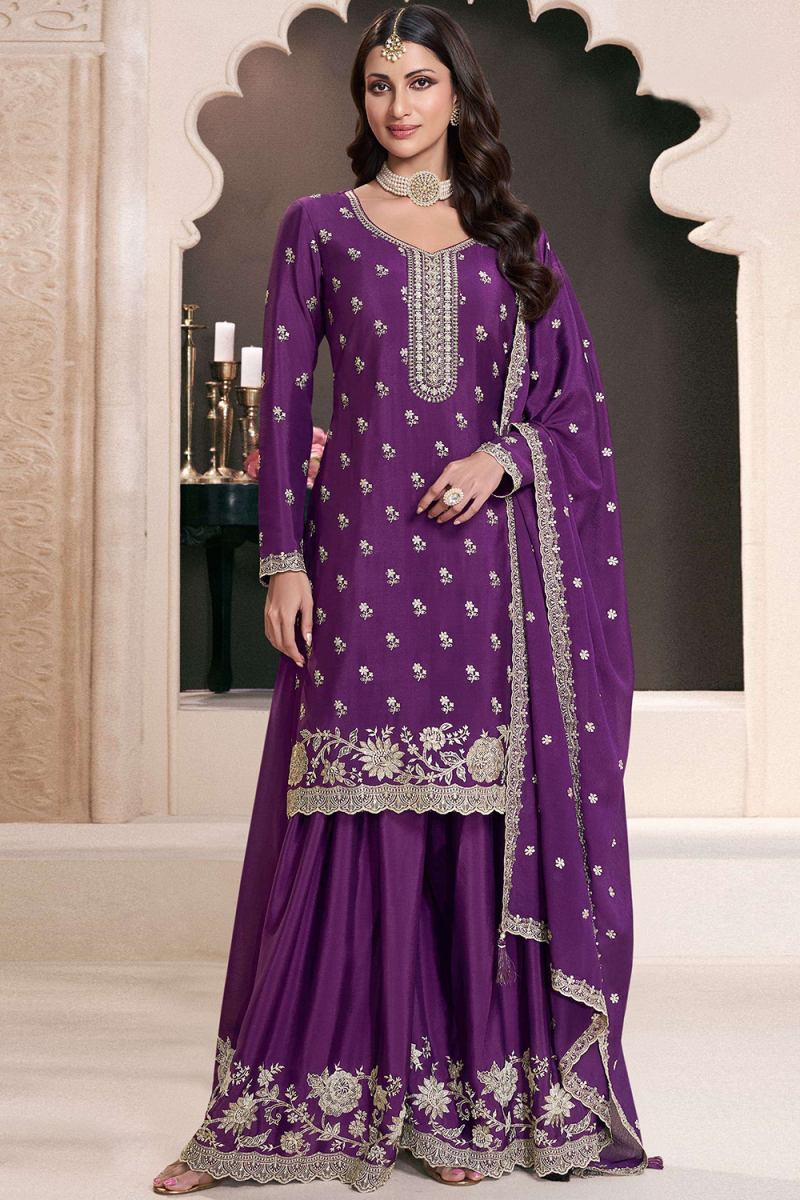 Purple Chinnon Sharara Suit With Sequins Work For Diwali