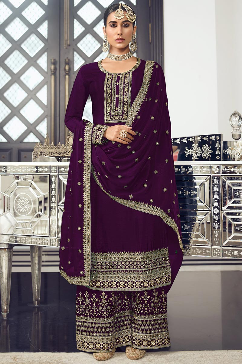Purple Dola Silk Embroidered Palazzo Suit LSTV119419