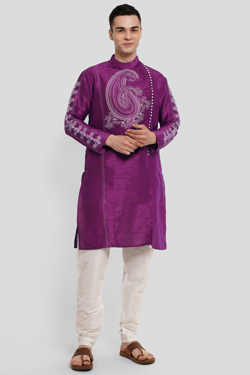 Purple Dupion Silk Printed Straight Cut Men's Kurta Churidar