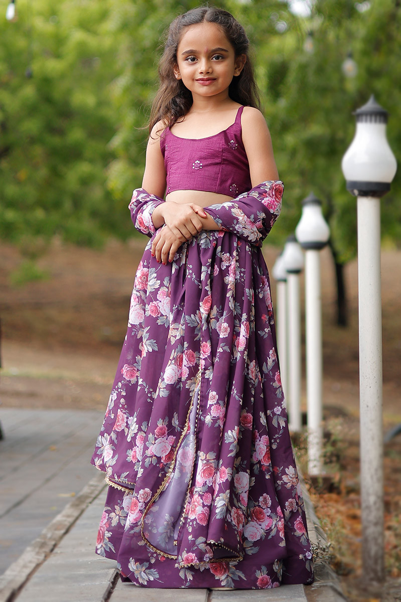 Purple Floral Print Georgette Flared Style Girl s Lehenga LLCV118219