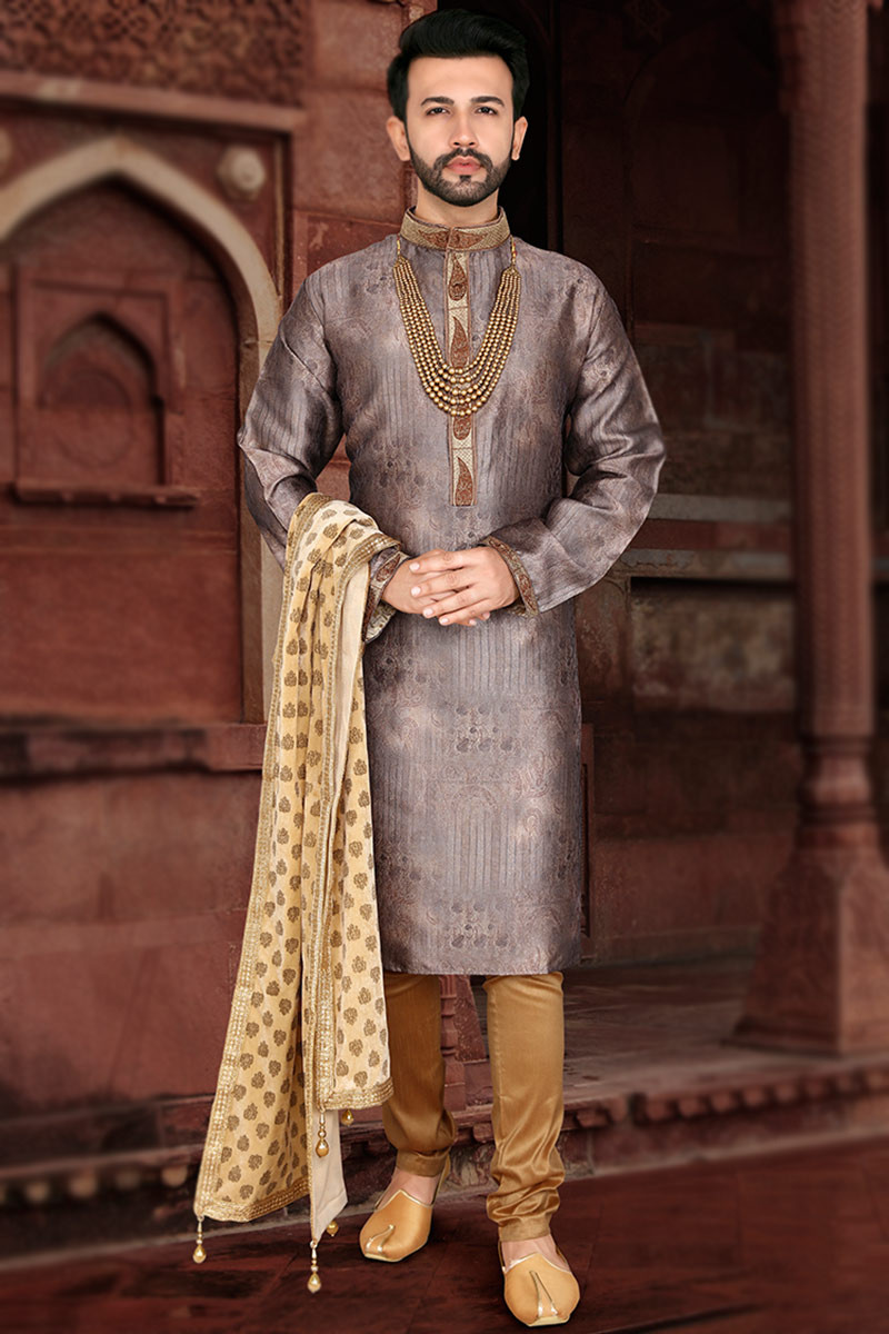 Purple Jacquard Men Kurta Pajama