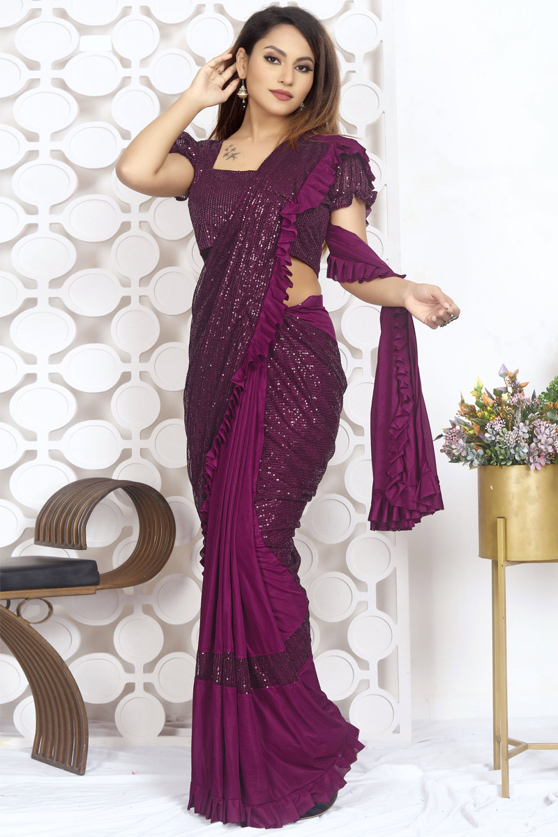 Purple Party Wear Plain Saree In Georgette