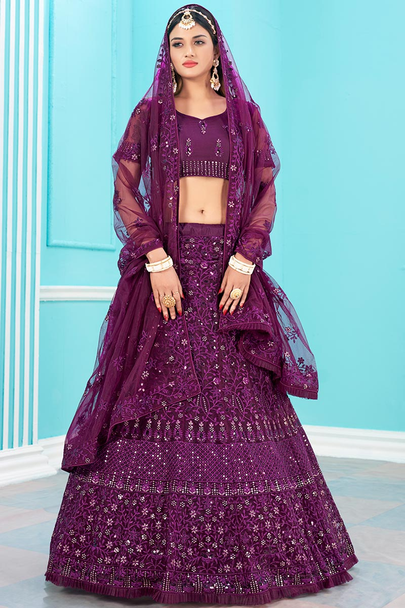 Purple Net Embroidered A Line Lehenga