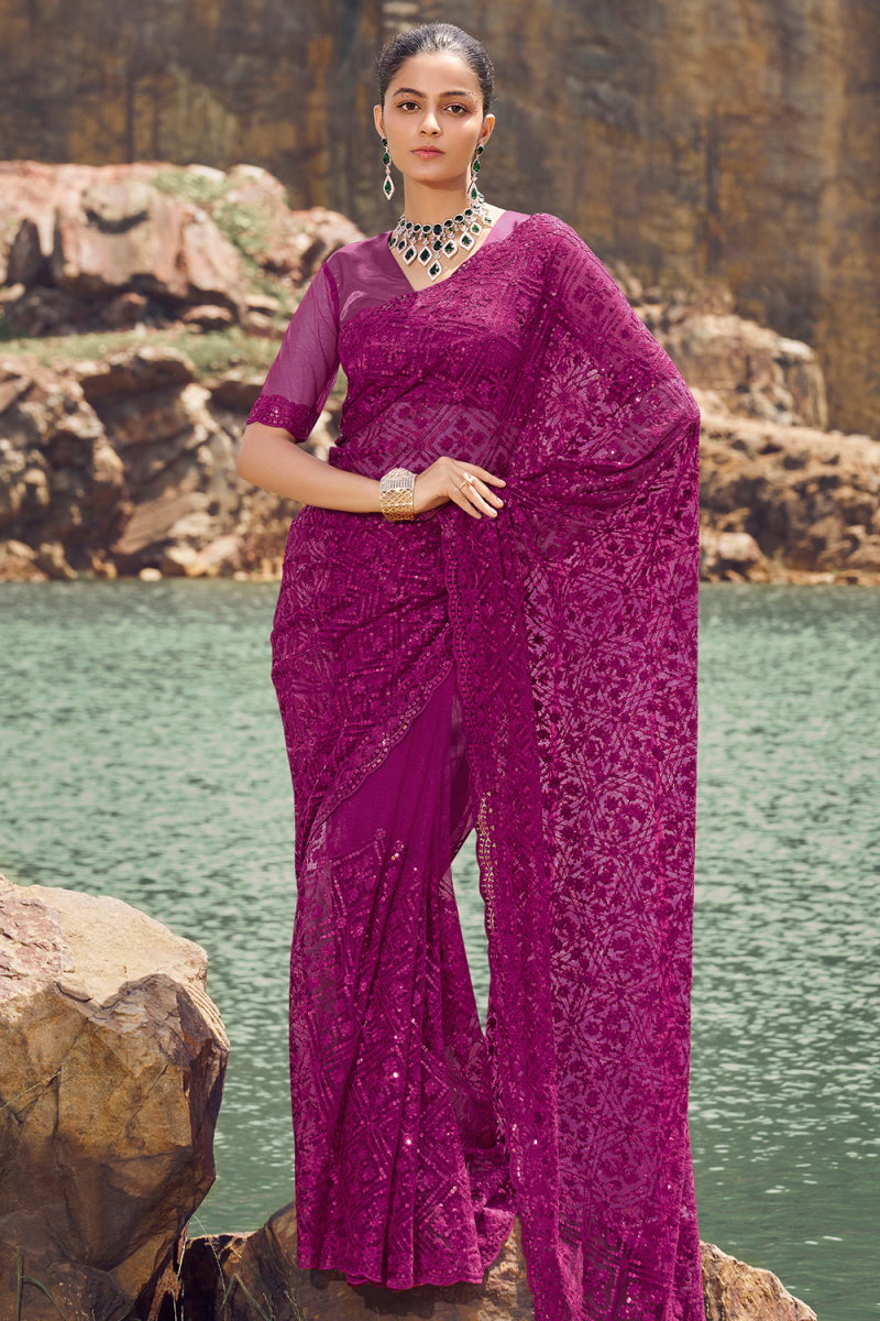 Purple Net Embroidered Light Weight Saree