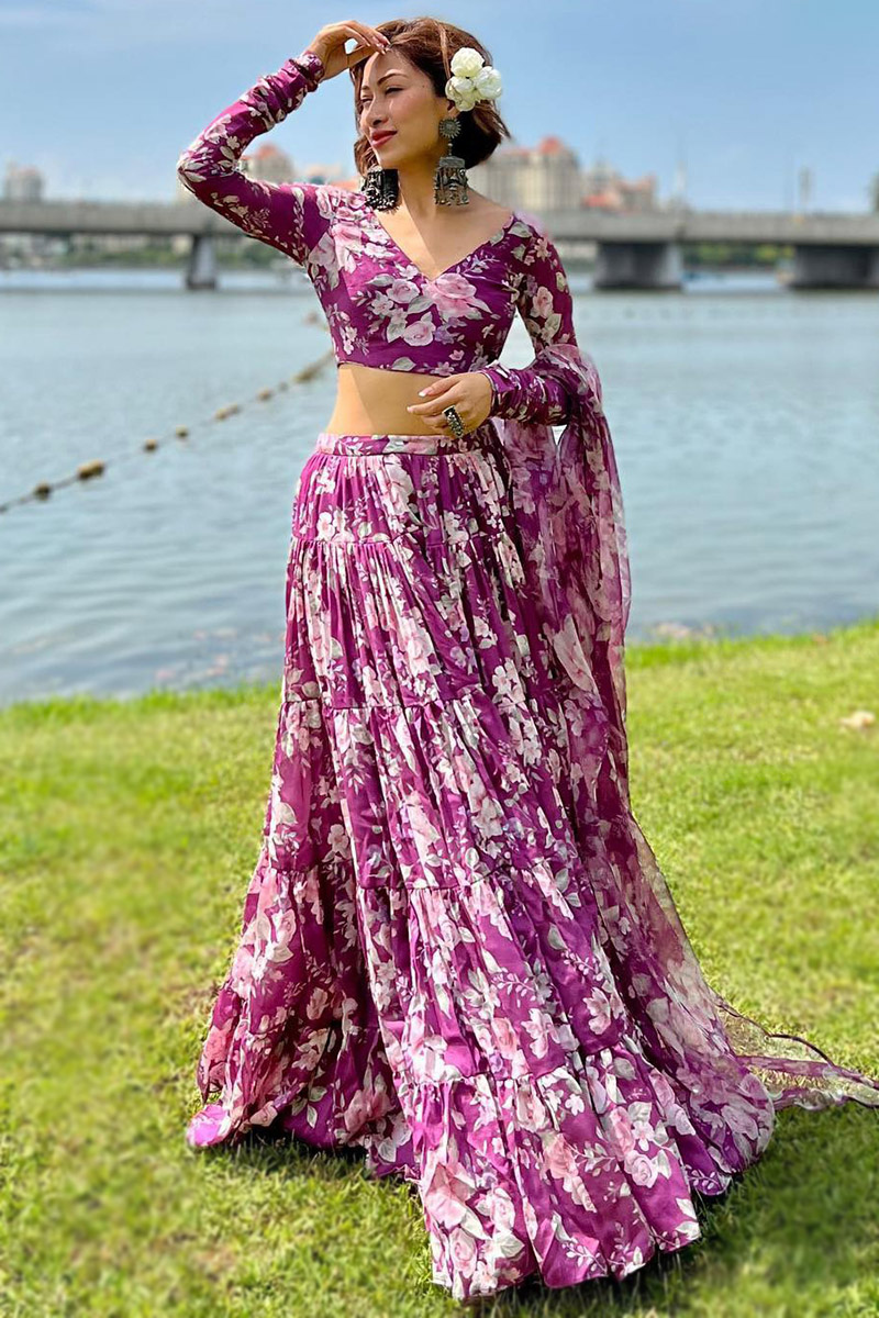 Purple Organza Printed Flared Lehenga