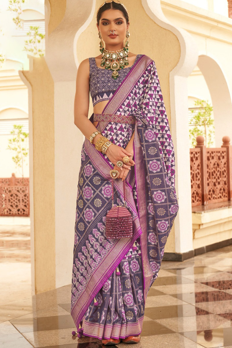 Buy Purple Bandhej Banarasi Saree Online in USA with Embroidered Border –  Pure Elegance