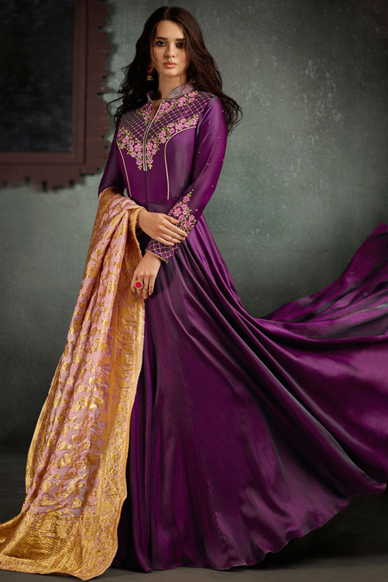 Buy Gorgeous Purple Silk Embroidered Anarkali Suit LSTV117068
