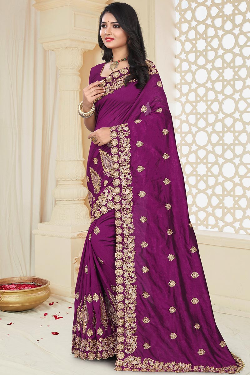 Buy Purple Silk Wedding Saree With Silk Blouse Online SARV03796