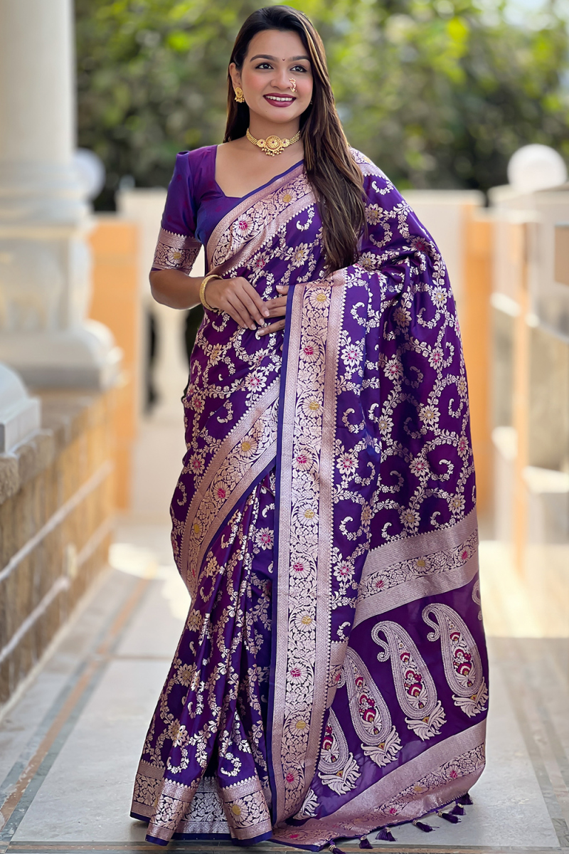 Purple Soft Silk Saree With Weaved Work For Diwali