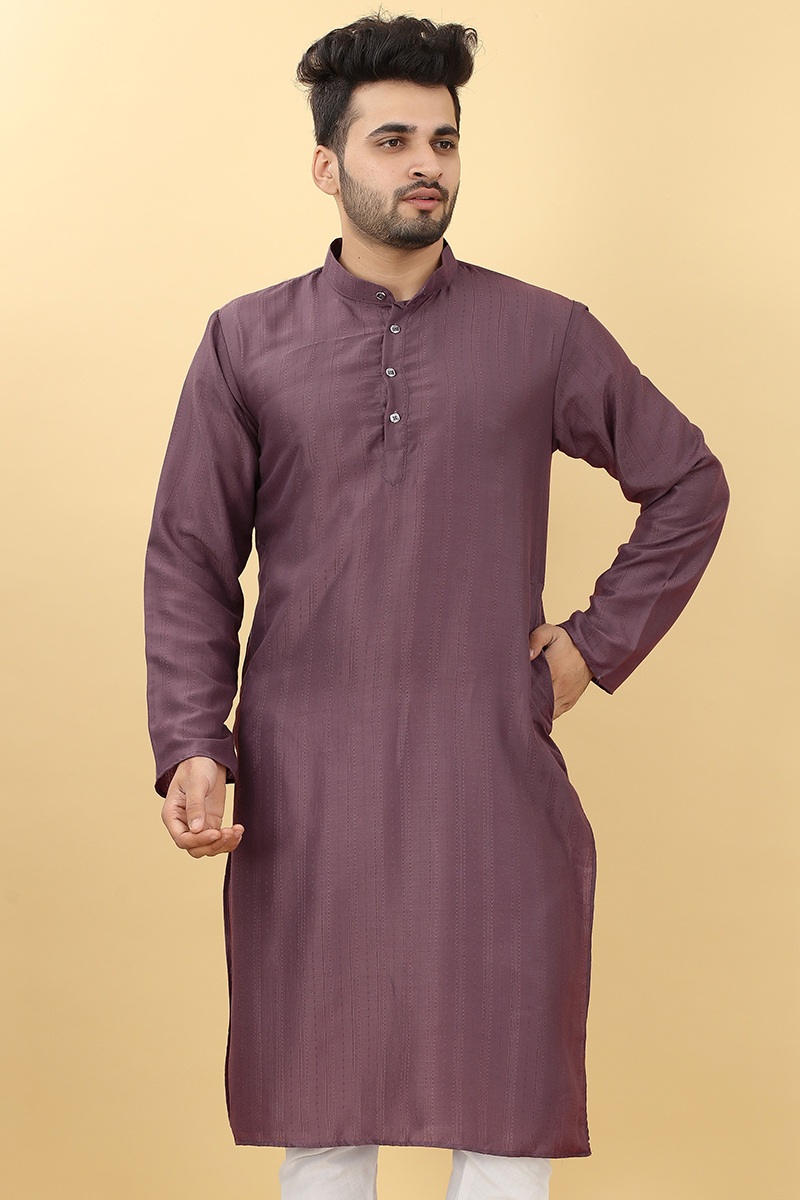 Purple Viscose Straight Cut Men Kurta