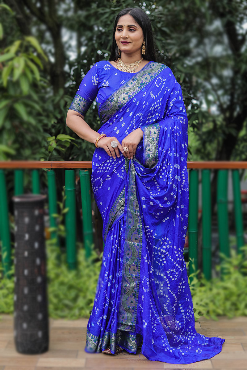 Traditional Bandhani Print Saree Sky Blue : The Morani Fashion