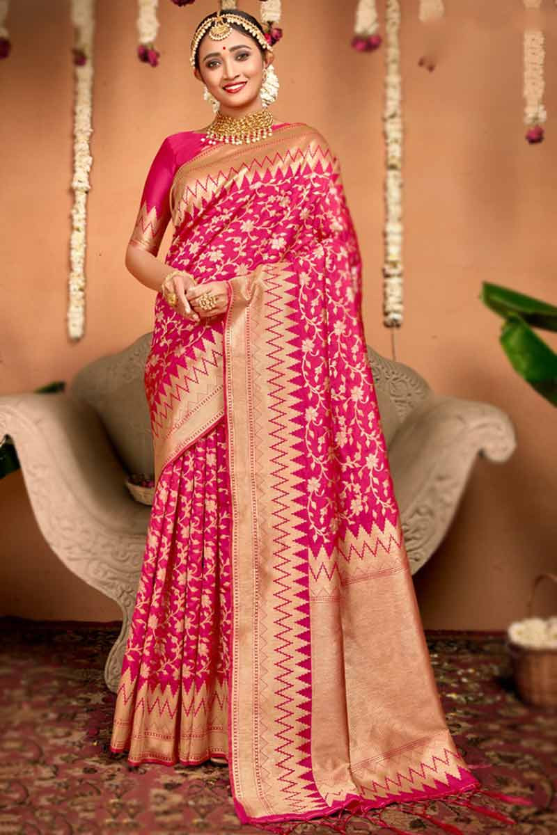 Art Silk Woven Saree In Rani Pink Colour - SR4840046