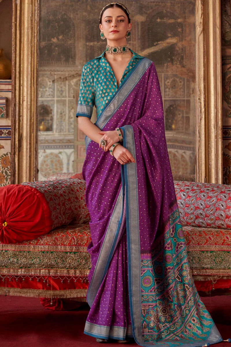 Rani Pink Silk Blend Printed Broad Border Saree 