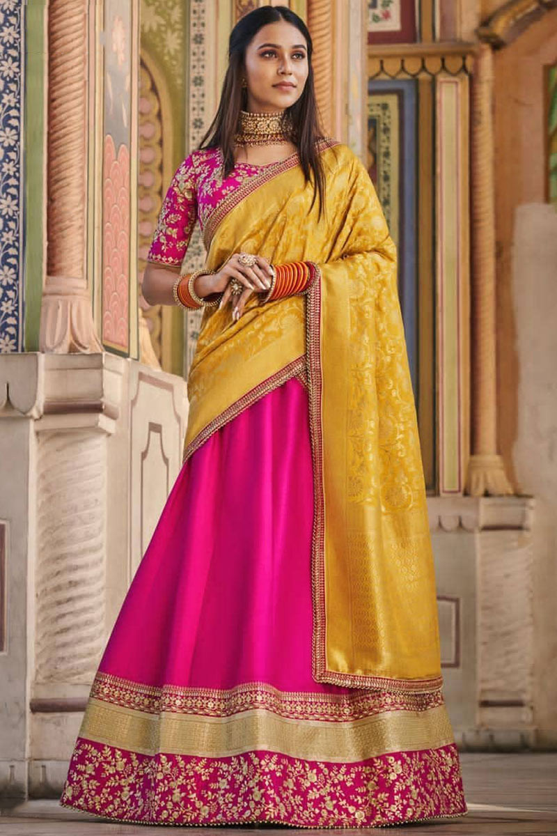 Buy Women Rani Pink Net Embroidered Lehenga Choli