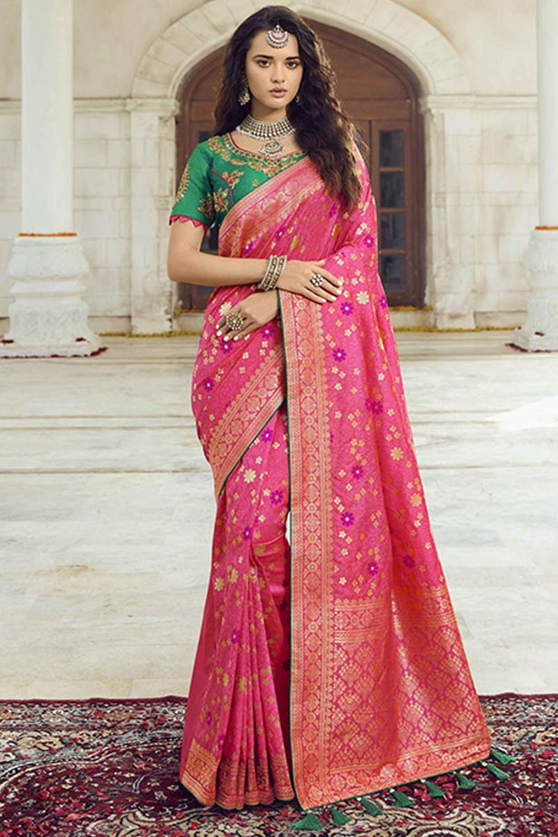 Reception Wear Soft Banarasi Silk Dark Pink Jacquard Saree – Rajyogam