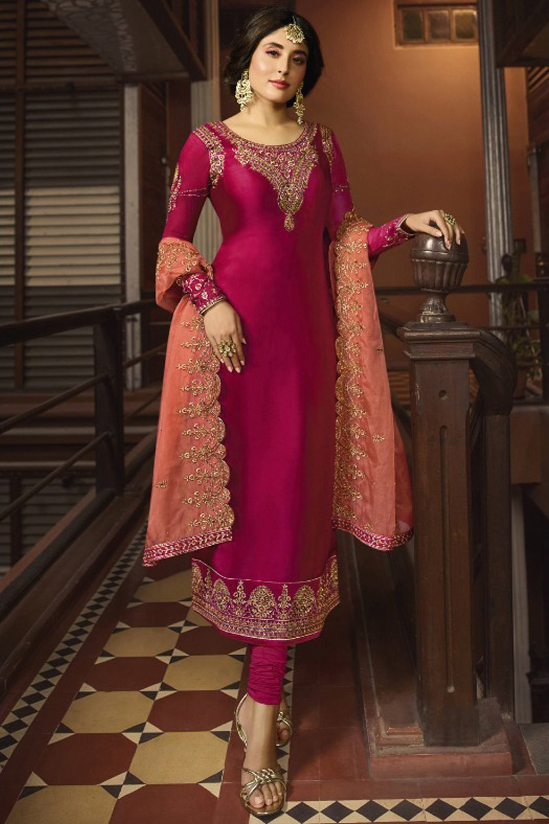 Rani Pink Zari Embroidered Satin Churidar SuitLSTV09008
