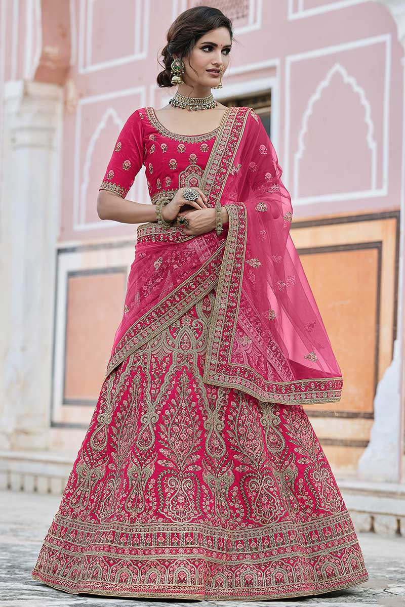 Party Wear Resham Embroidered Rani Pink Lehenga in Velvet