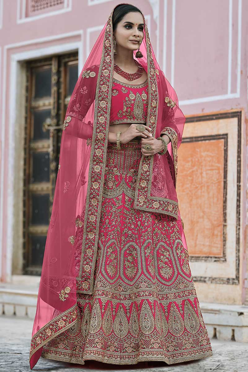 Rani Pink Wedding Wear Zari Embroidered Lehenga in Velvet