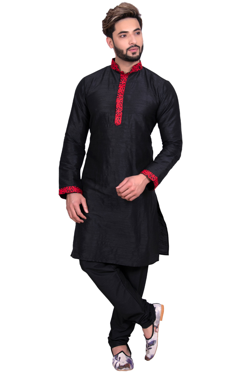 Raw Silk Kurta Pajama In Black Colour 