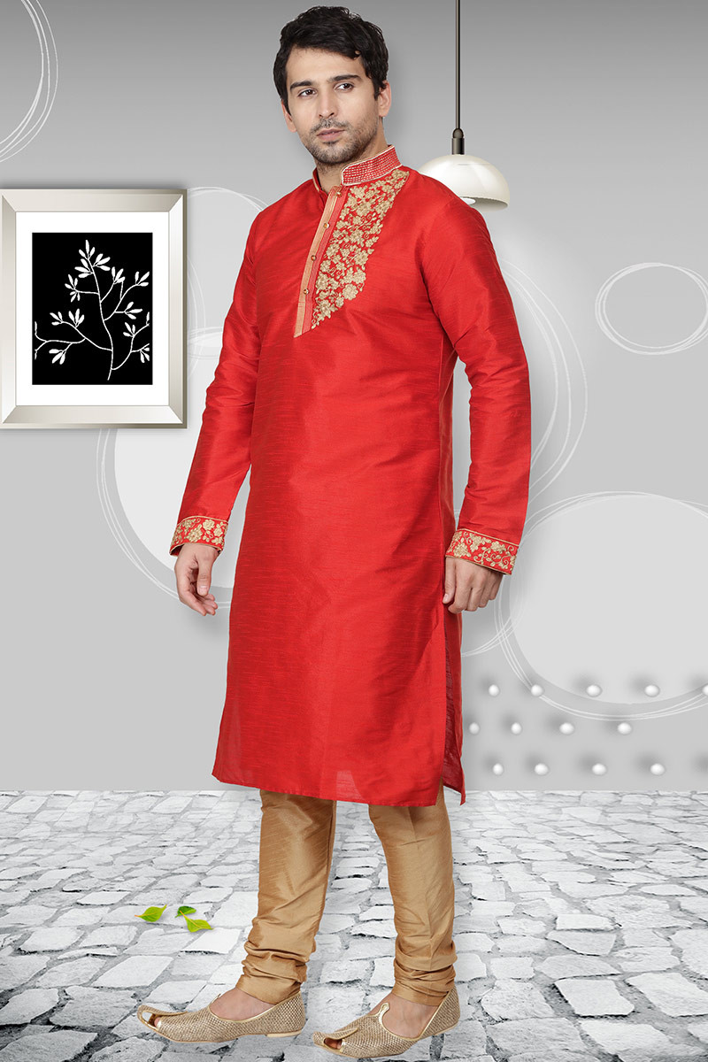 Buy Raw Silk Kurta Pajama Set In Red Colour Online MKPV0108