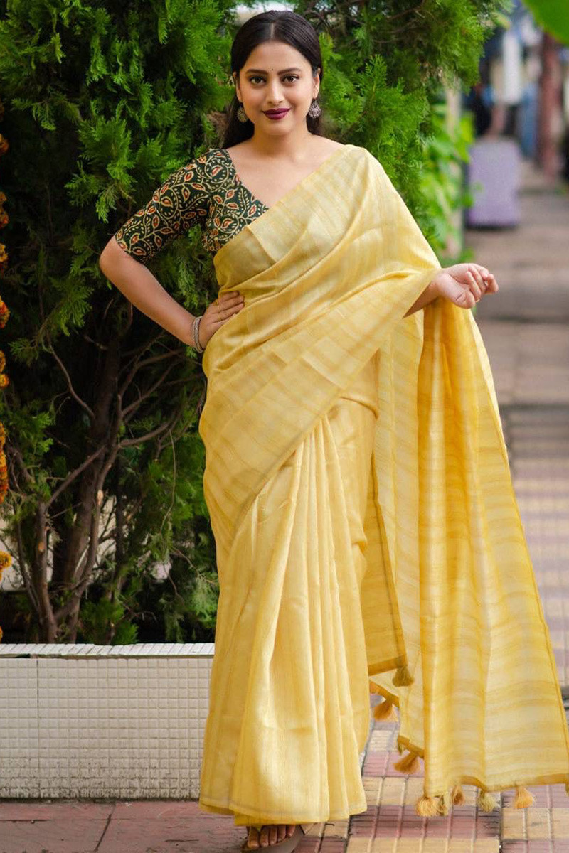 Raw Silk Light Yellow Printed Casual Wear Saree