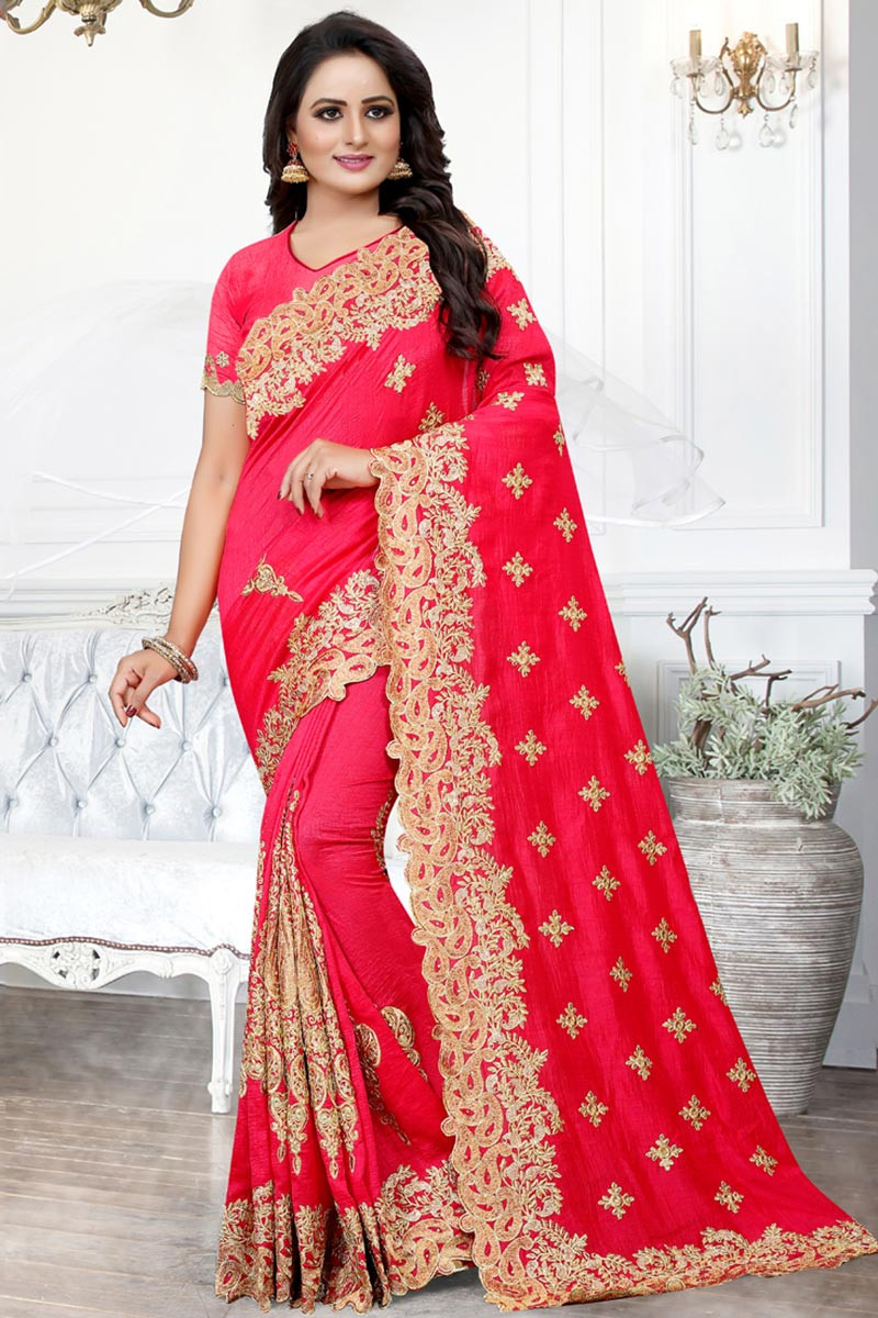 Buy Red color georgette embroidery party wear saree at fealdeal.com