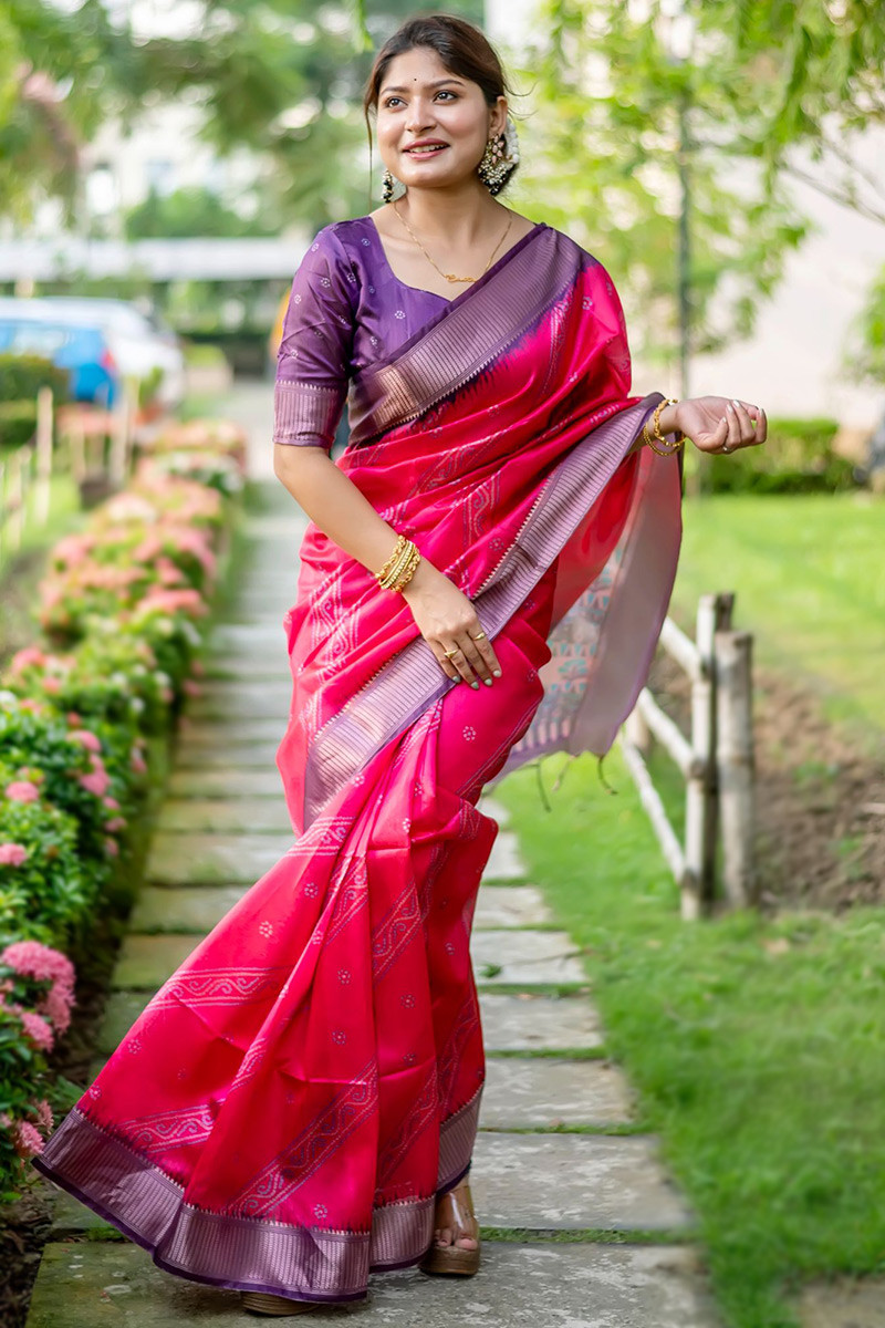 Raw Silk Ruby Pink Bandhani Printed Saree SARV173671